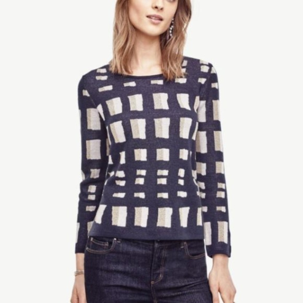𝅺Ann Taylor Lattice Wool Knit Navy Gold Metallic Festive Holiday Sweater XS